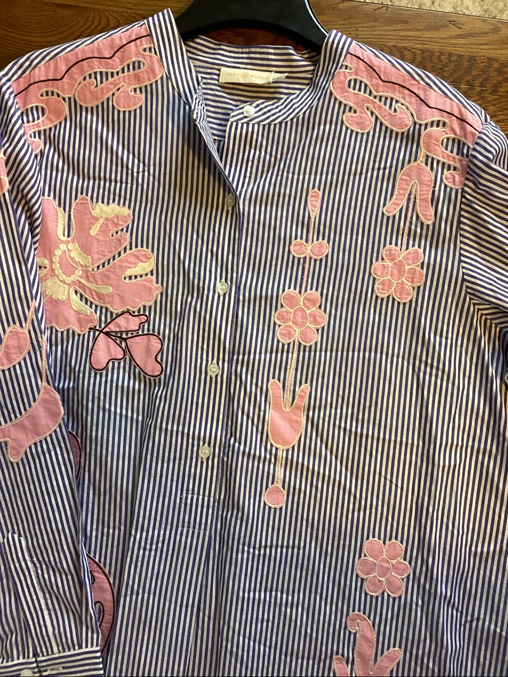 Tory Burch blue and white striped shirt dress with pink embroidered flowers. - Picture 15 of 16